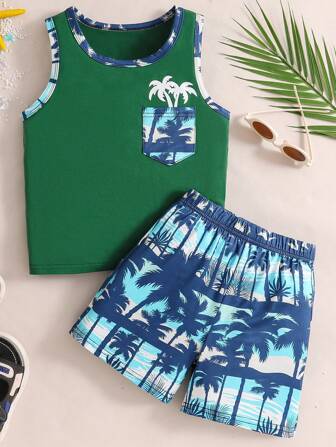 2 件套年轻男童户外运动休闲度假简约橄榄绿棕榈树抽绳透气印花速干背心短裤套装，夏季