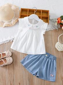 Bloemenborduurwerk Ruffle Collar Cap Sleeve Shirt En Shorts Casual 2-delige outfit voor jonge meisjes
