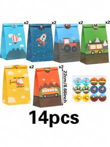 14pcs Vehicle & Machine Cartoon Gift Bags, Candy Bags For Celebration, Party Decoration & Gifts
