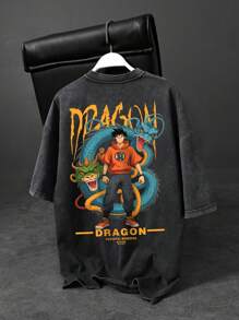 Shwiy Men's Street-Wear Dragon Graphic Distressed T-Shirt, Japanese Cartoon Print Short Sleeve Tee For Casual Wear, Anime Fan - Black - View 1