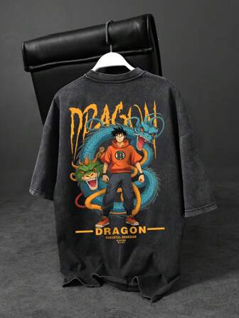 Shwiy Men's Street-Wear Dragon Graphic Distressed T-Shirt, Japanese Cartoon Print Short Sleeve Tee For Casual Wear, Anime Fan