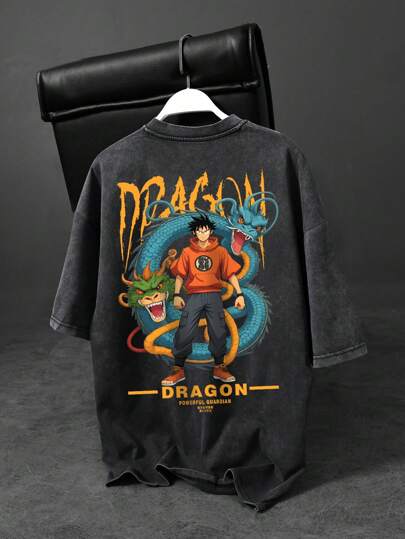 Shwiy Men's Street-Wear Dragon Graphic Distressed T-Shirt, Japanese Cartoon Print Short Sleeve Tee For Casual Wear, Anime Fan