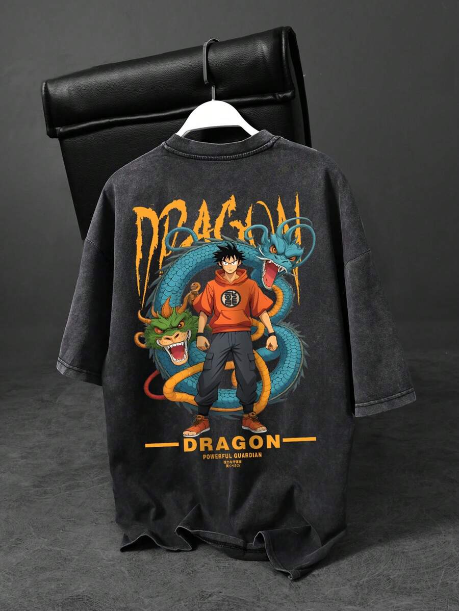 Shwiy Men's Street-Wear Dragon Graphic Distressed T-Shirt, Japanese Cartoon Print Short Sleeve Tee For Casual Wear, Anime Fan - Black - View 1