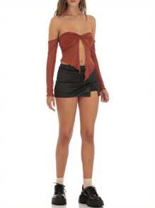 Women's Summer Sheer Tube Tops Solid Color Off Shoulder Front Knot Mesh T-Shirts