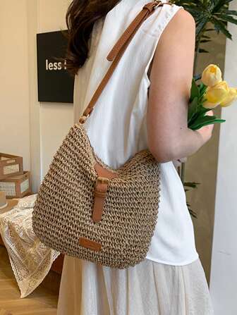 女士简约纯色草编度假单肩包，波西米亚风格
