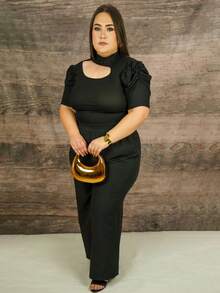 Plus Cut Out Mock Neck Puff Sleeve Blouse - Black - View 3