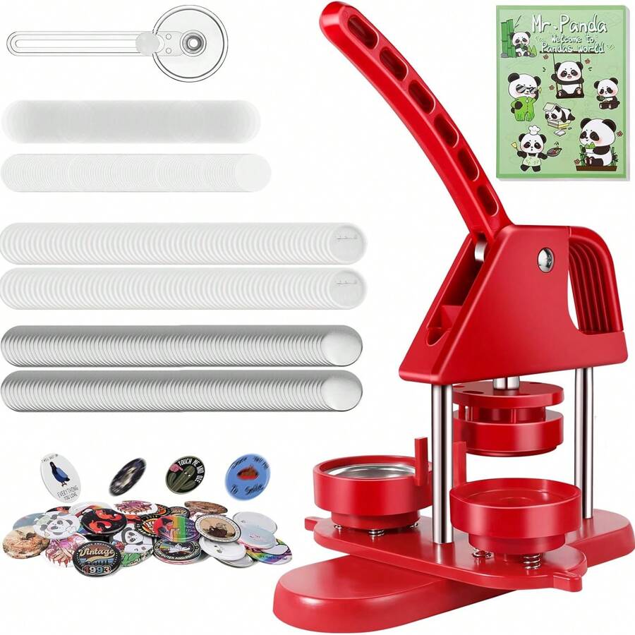 Máquina para hacer botones de 58 mm (2,25 pulgadas) Kit para hacer botones Máquina fácil para hacer pins DIY con botón gratis, hoja redonda en blanco, cortador circular y libro ilustrado de Panda - Rojo - Ver 1