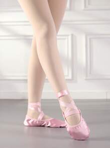 女童芭蕾舞鞋，缎带芭蕾舞鞋，儿童室内练习鞋，蜜桃粉色舞蹈芭蕾舞鞋，软底平底鞋 - 粉色 - 查看 2