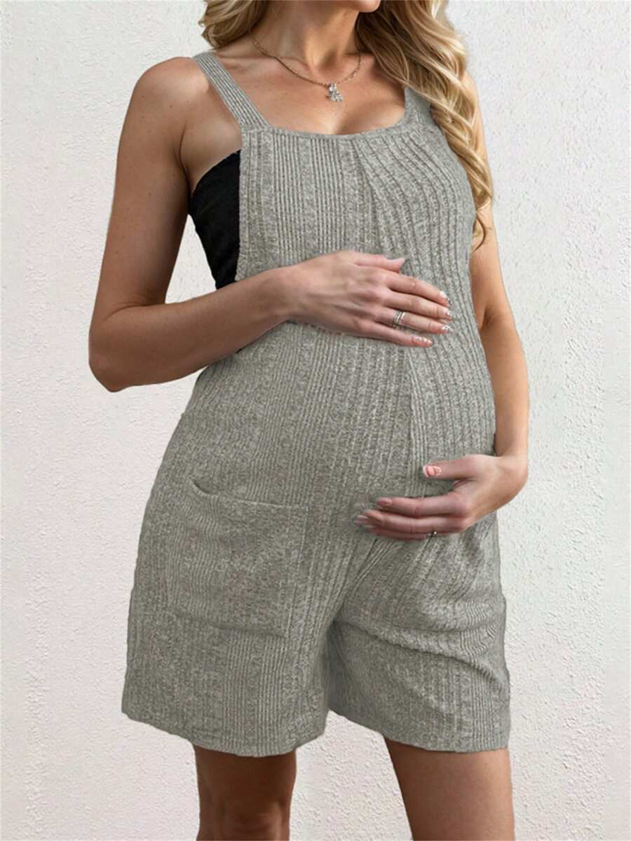 Women's Maternity Knit Overalls Shorts Solid Color Ribbed Sleeveless Pregnancy Jumpsuits With Pockets - Grey - View 1