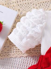 2 sztuki dla dziewczynek, truskawka haftowana, żebrowana, łączona, 3D, duża kokarda, ozdobiona talią, falbaniastym brzegiem, kombinezon z opaską na głowę