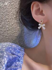 1 Pair Red Velvet Bowknot Heart Earrings With Elegant Pearl Heart Dangle