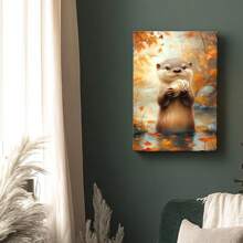1pc Framed Canvas Wall Art Poster Printing Modern Realism Digital A Otter Holding A Piece Of Bread Wall Art Decoration For Living Room Bedroom Bathroom Kitchen Apartment Hotel, Artful Home Decoration - Framed, Vertical