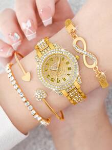 4 peças/conjunto de relógio feminino elegante com strass e numeral romano e pulseira de corrente em formato de 8, pulseira redonda dourada da moda, presente para o dia das mães, dia do professor, ação de graças, formatura, aniversário