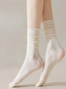 1/3 Pairs Women Lace Frill Trim Thin Summer Mesh Hollow Out Mid-Calf Socks, White, Breathable, Versatile, Fall - Multicolor - View 1