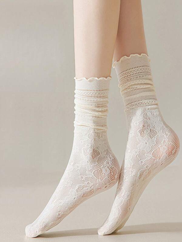 1/3 Pairs Women Lace Frill Trim Thin Summer Mesh Hollow Out Mid-Calf Socks, White, Breathable, Versatile