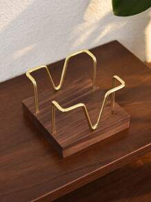 1/2pcs Desktop Self-Adhesive Memo Paper Organizer Holder With Business Card Rack, Black Walnut Simple Hollow Metal Memo Pad Holder