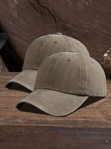 2pcs Unisex Solid Color Adjustable Washed Baseball Cap, Casual Outdoor Fashion - Khaki + Khaki - View 2