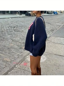 Women's Flag Pattern Long Sleeve Round Neck Sweater Casual Loose Pullover Sweater - Blue - View 2