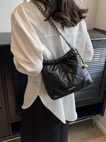 Bolso de hombro mini casual de negocios, liviano, con decoración de metal negro, acolchado y con cremallera, de piel sintética (PU), perfecto para la oficina, el trabajo, los negocios, el trayecto, para mujeres, estudiantes universitarias, principiantes y trabajadores de cuello blanco.