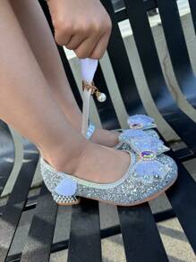 Girls' White Rhinestone And Crystal Fashionable Shiny High Heel Shoes With Colorful Crystal Butterfly Pendant, Versatile For All Seasons - Silver - View 6