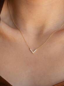 TONSI 1件装 时尚优雅简约18K镀金不锈钢V形锁骨链项链，镶嵌水钻，女士款 - 項鍊 - 查看 2
