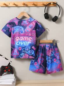 2 件套年轻男孩休闲街头风格 Game Over 涂鸦印花圆领短袖 T 恤和短裤套装，春夏 - 彩色 - 查看 5
