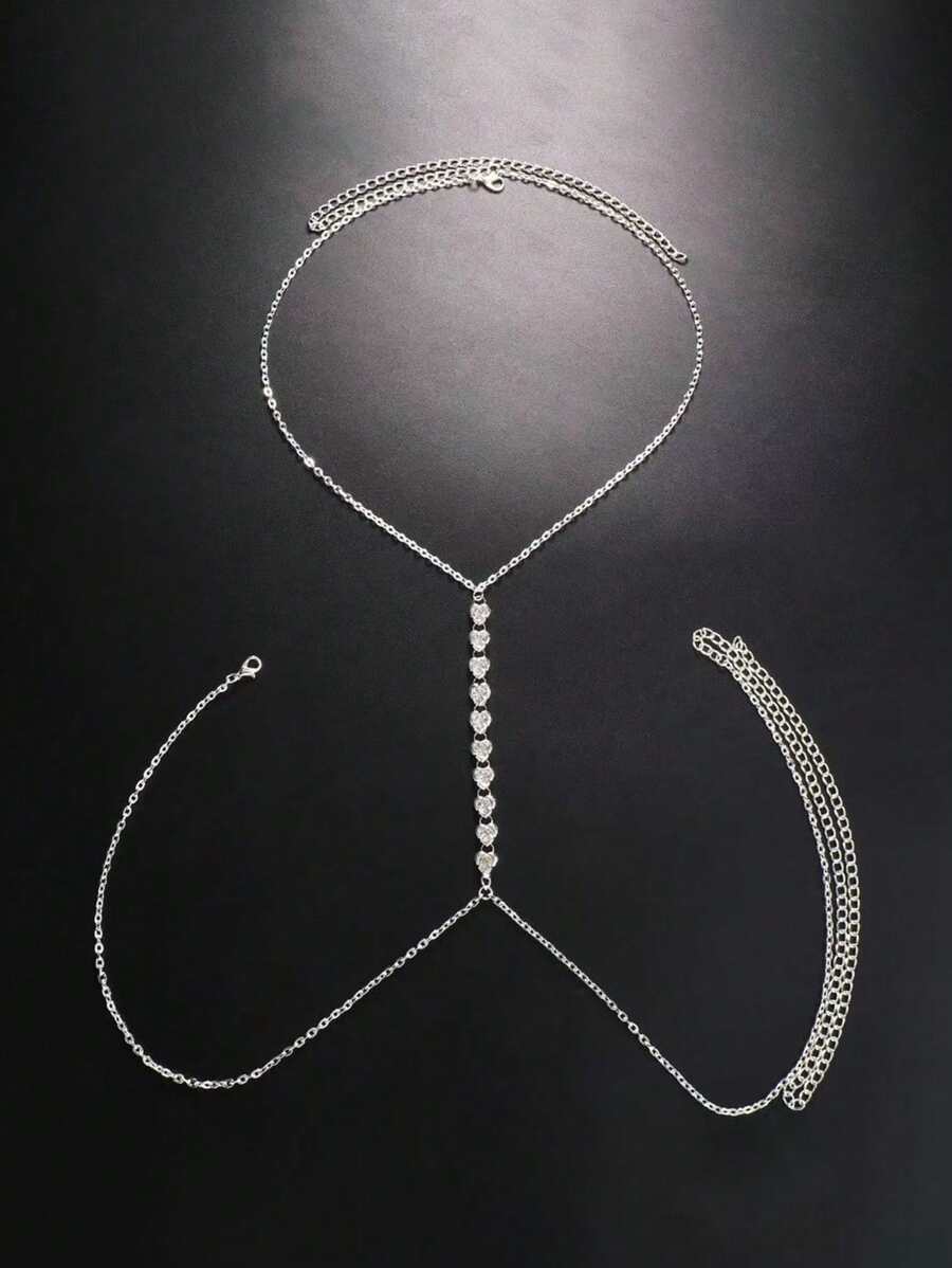 1pc Women Heart-Shaped Crystal Body Chain Jewelry, Sexy Fashion Beach Bikini Chest Chain - Multicolor - View 1