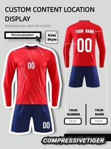 2pcs Boy's Personalized Soccer Jersey - Customizable Name And Number Print Stripe Decor Long Sleeve T-Shirt + Long Co-Ord Quick-Drying Sweat-Absorbing Sports Set As Gift - Red - View 1