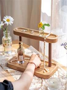 1 szt. 2-poziomowa wolnostojąca drewniana półka - wielofunkcyjny regał do przechowywania na biurku, odpowiedni do wystroju wnętrz, biżuterii, kosmetyków i artykułów piśmiennych - bez metalowej rury, półki pionowe