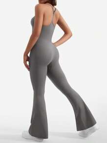 VOYJOY One Piece Jumpsuit For Women 31\" Inseam Vais Sleeveless Sexy Y Back Bodycon Flare Leg Full Length Romper Playsuits - 灰 - 查看 6