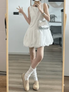 Spring Summer Casual Vest Dress For Women Back To School Autumn Clothes Korean Style Elegant Chic Solid Color Sleeveless O-Neck Vintage Homecoming Short Dresses Kawaii Party Graduation White Black Clothes White Dress New Year Christmas