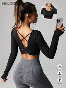 Tricou cu mânecă lungă pentru yoga, cu spate frumos, pentru slăbire, pentru damă