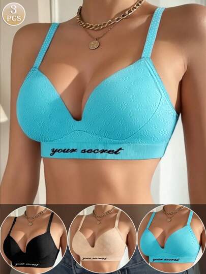 3pcs/Set Wireless Gather Push Up Bras, Breathable Minimalist Casual Lingerie For Women