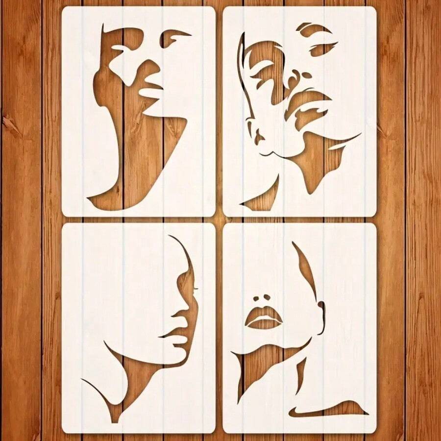 4 szt. wielokrotnego użytku szablony do konturowania twarzy, 8,27 x 11,02 cala - Różnorodne profile kobiet do majsterkowania, tatuaży, płótna i wystroju wnętrz - Materiał PET, idealny do tkanin, ścian drewnianych i mebli, powrót do szkoły, artykuły szkolne