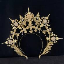 1pc Women's Golden Faux Pearl Chain Metal Lolita Angel Halo Sun Crown Headband, Suitable For Daily Wear, Cosplay, Photography Props Halloween