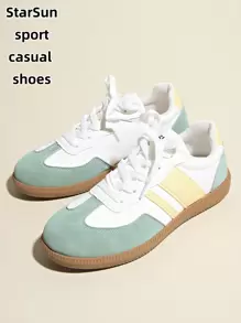 女士春秋新款休闲圆头低帮运动鞋，易于清洁，平底，舒适，百搭，撞色设计，运动休闲鞋，复古风平底鞋，适合所有季节