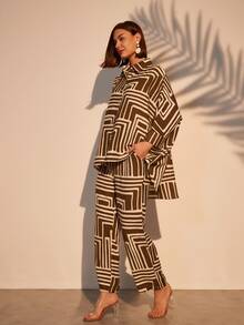 Green Geometric Pattern Oversized Matching Sets Women Longewear For Travel - Olive Green - View 2