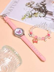 Set de 2 piezas: 1 reloj de cuarzo con diseño de mariposa de dibujos animados para niña, 1 brazalete de mariposa con cuentas, con correa de PU