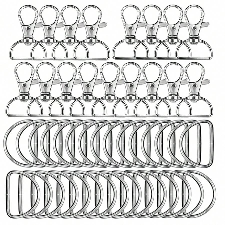 24/50pcs Swivel Clasp Hooks And D-Rings Set, Crafts For Making Keychains, Wallets, Lanyards, Handbags, Backpacks, Dog Collars DIY Accessories - D-shaped Lobster Clasp + D-shaped Ring - View 1
