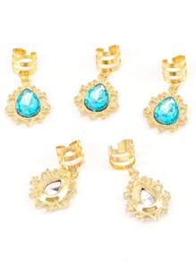 5件套女士多色镂空水钻水滴吊坠，DIY珠宝配件，发夹装饰，工艺用品，发卡 - 金(湖藍色萊茵石) - 查看 3