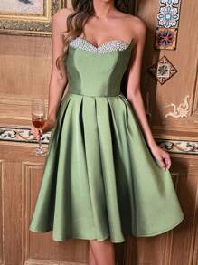 Faeriesty 优雅缎面中长款仿珍珠装饰鸡尾酒会礼服，带手工珠饰的奢华晚礼服，派对礼服，婚礼宾客礼服 - 綠色 - 查看 9