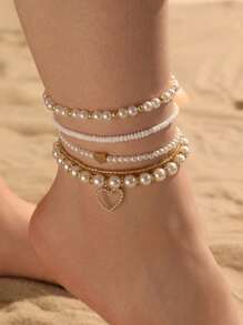 5pcs/Set Bohemian Shell, Starfish, Butterfly, Heart Pendant Anklet Set For Women