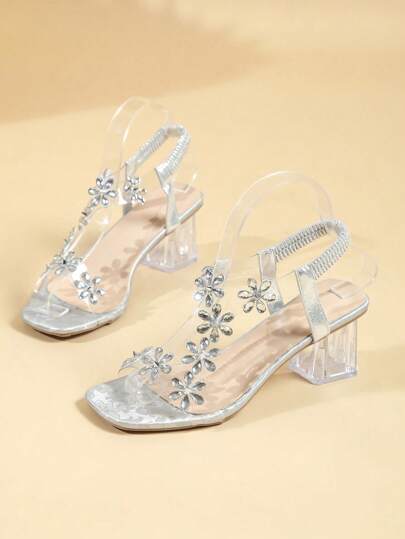 Sandalias transparentes con tacón grueso y decoración de rhinestones para niñas
