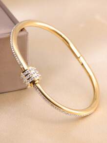 1 pieza Brazalete de mujer de acero inoxidable con doble círculo de cristales de moda y personalizado, accesorio diario - Amarillo Oro - Ver 8