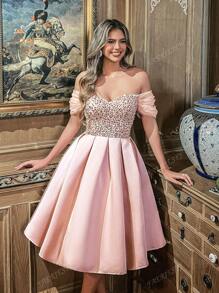 Elegant Off-Shoulder Sequined A-Line Dress, Flattering Silhouette For Weddings, Garden Parties, Proms & Evening Events, Party Dress, Wedding Guest Cocktail Dress