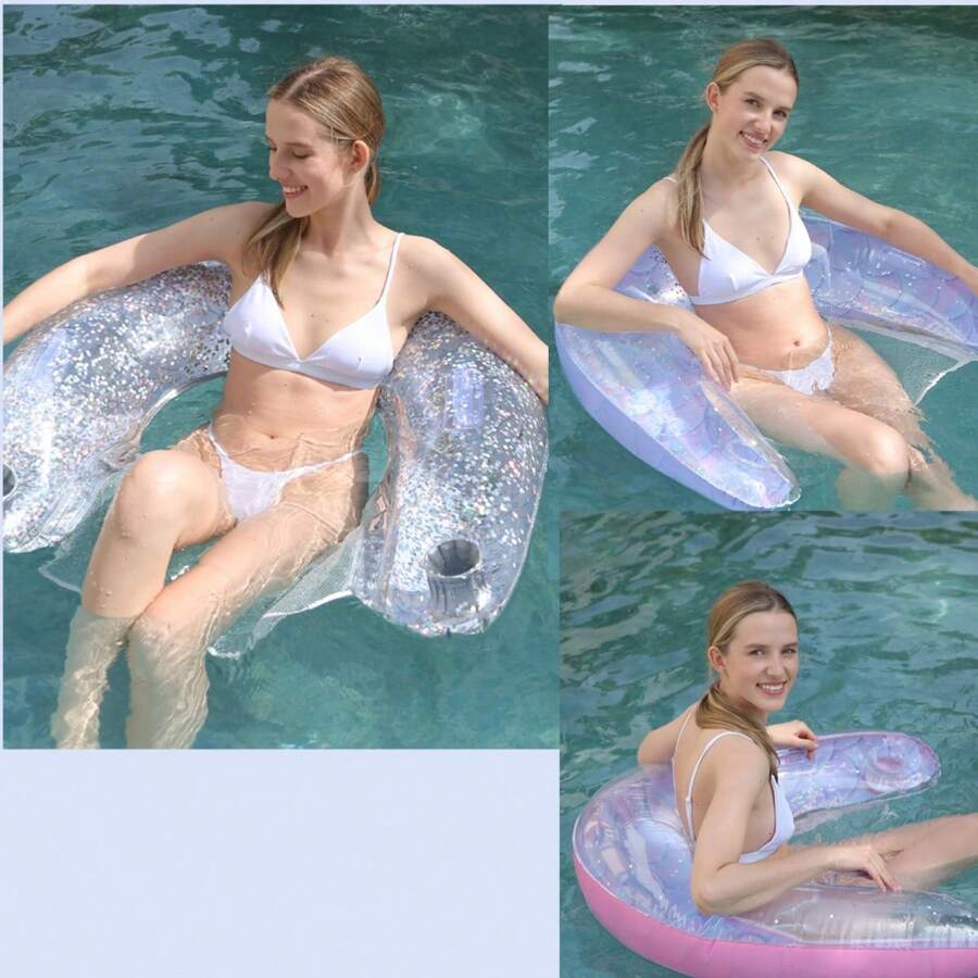 1pc 130*85cm U-Shaped Sequin Swimming Pool Net, Inflatable Foldable Striped Floating Row, Water Recreation Inflatable Lounger Float Bed, Beach Essentials, Beach Accessories - Multicolor - View 1