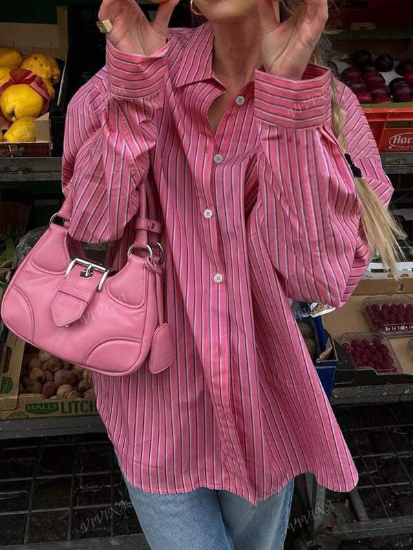 Plus Size Women Spring/Summer Fashion Casual Simple Turn-Down Collar Patch Pocket Button Front Striped Blouse