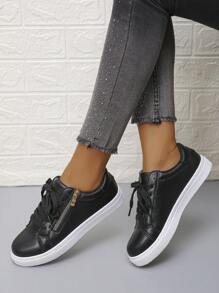 Women's New Blue Snake Print Classic Side Zipper Casual Shoes, Fashion Versatile Lace-Up Platform Sneakers, Sports Shoes, Student Shoes, Running Shoes, Hiking Shoes, Skateboard Shoes - Black - View 6