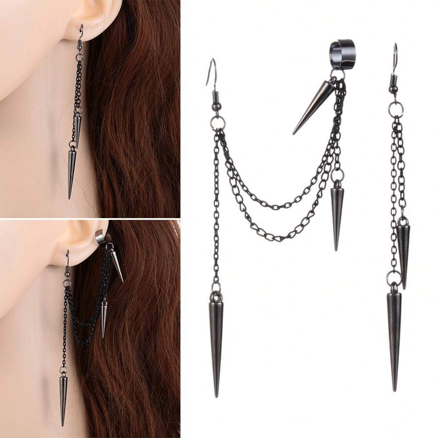 1 Pair Retro Gothic Style Long & Short Rivet Fringe Earrings, Suitable For Women Everyday Wear