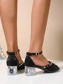 Damskie satynowe sandały na grubej podeszwie z jedną klamrą, zdobione kryształkami, z odkrytymi palcami i nitami, seksowne, odpowiednie do codziennego noszenia i na imprezę